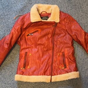 Montano Women's Red Leather Jacket with Shearling Trim